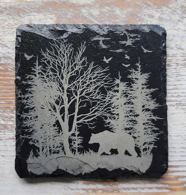 Bear Strolling Through The Forest Black Slate Coaster