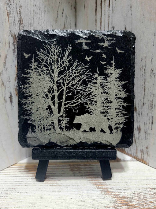 Bear Strolling Through The Forest Black Slate Coaster