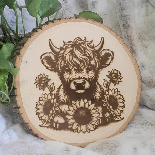 Cute Baby Highland Cow Basswood Round Home Decor