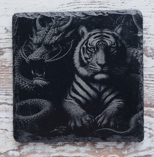 Striped Tiger and Dragon Black Slate Coaster