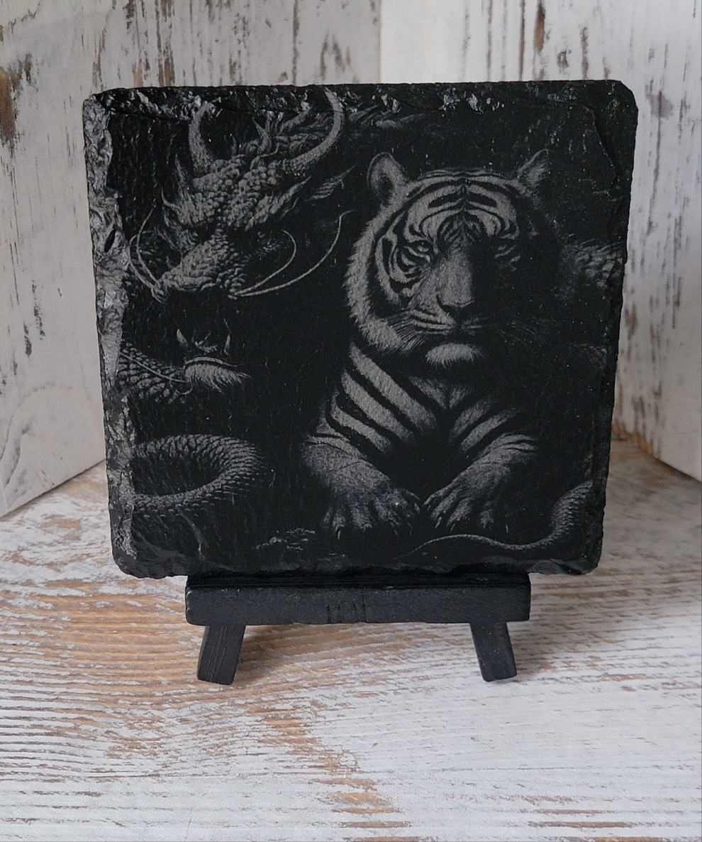 Striped Tiger and Dragon Black Slate Coaster