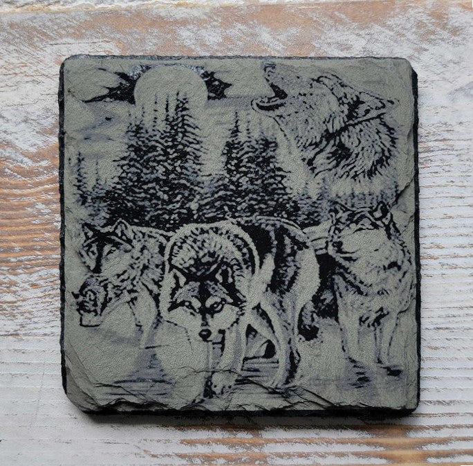 Pack Of Wolves Howling At The Moon Black Slate Coaster