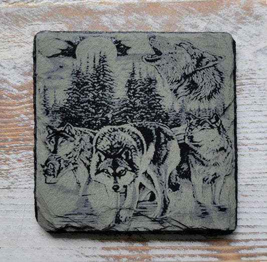 Pack Of Wolves Howling At The Moon Black Slate Coaster
