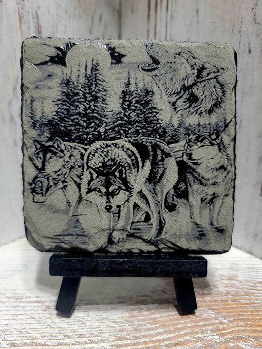 Pack Of Wolves Howling At The Moon Black Slate Coaster