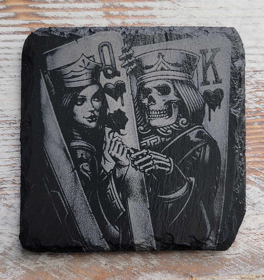 Queen And King Of Hearts Black Slate Coaster