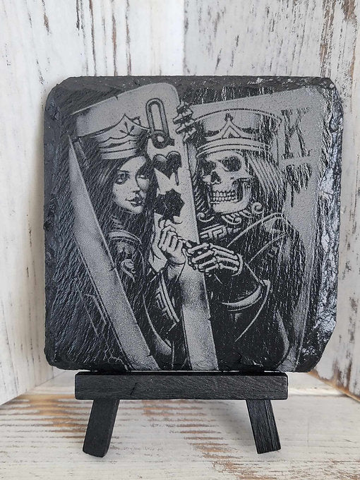 Queen And King Of Hearts Black Slate Coaster