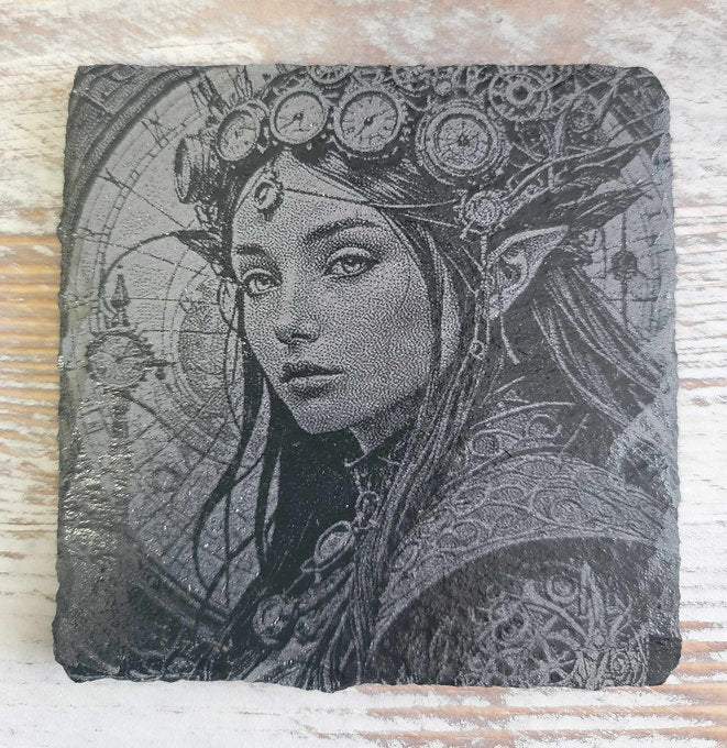 Steampunk Elf Maiden Black Slate Coaster