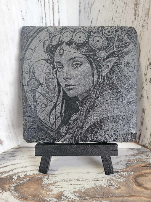 Steampunk Elf Maiden Black Slate Coaster