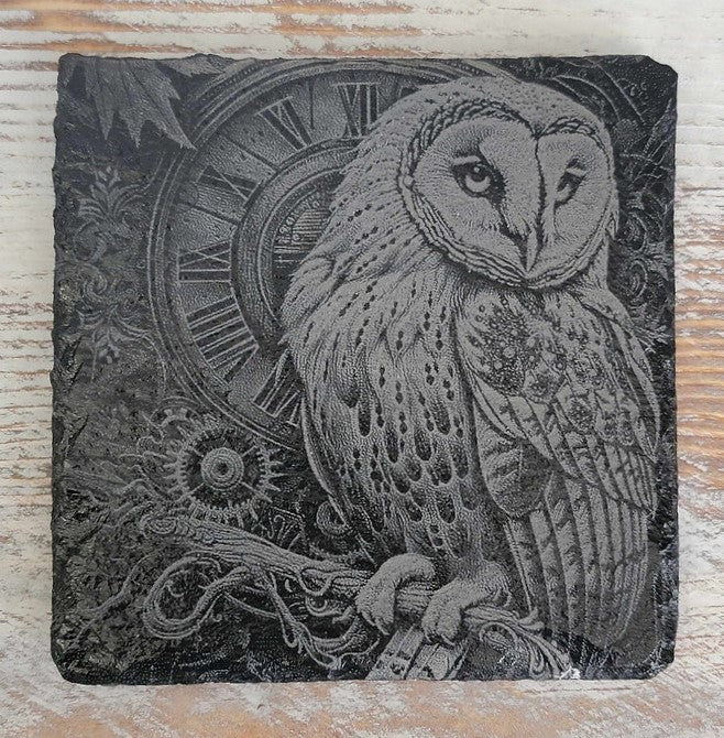 Steampunk Owl Timepiece Black Slate Coaster
