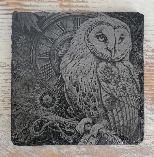 Steampunk Owl Timepiece Black Slate Coaster