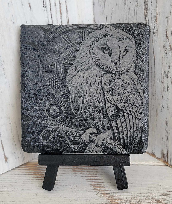 Steampunk Owl Timepiece Black Slate Coaster
