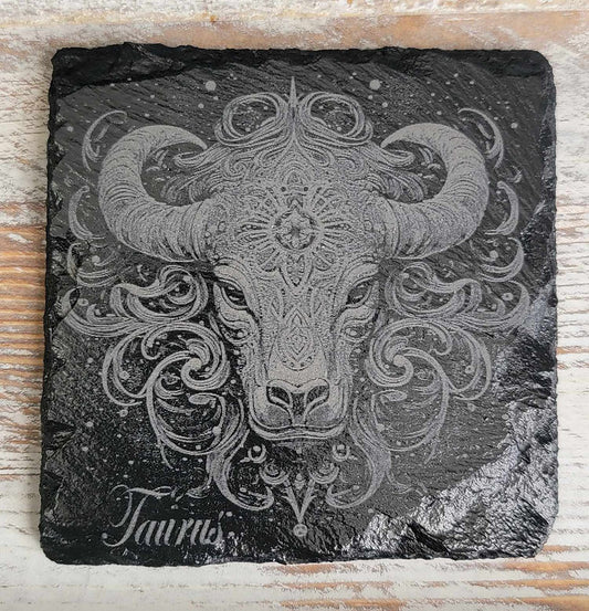 Taurus Zodiac Sign Black Slate Coaster