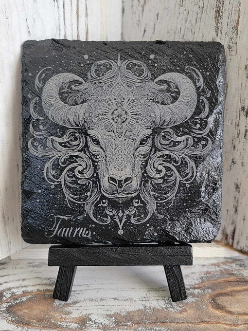 Taurus Zodiac Sign Black Slate Coaster