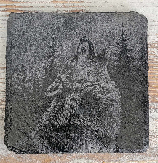 Wolf Howling At The Moon Black Slate Coaster