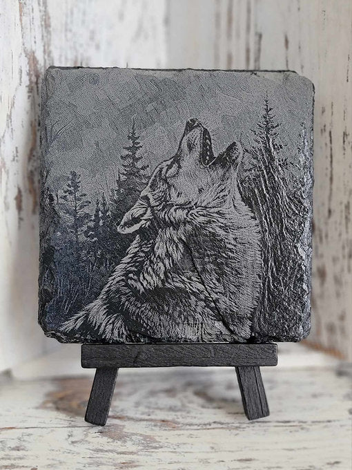 Wolf Howling At The Moon Black Slate Coaster